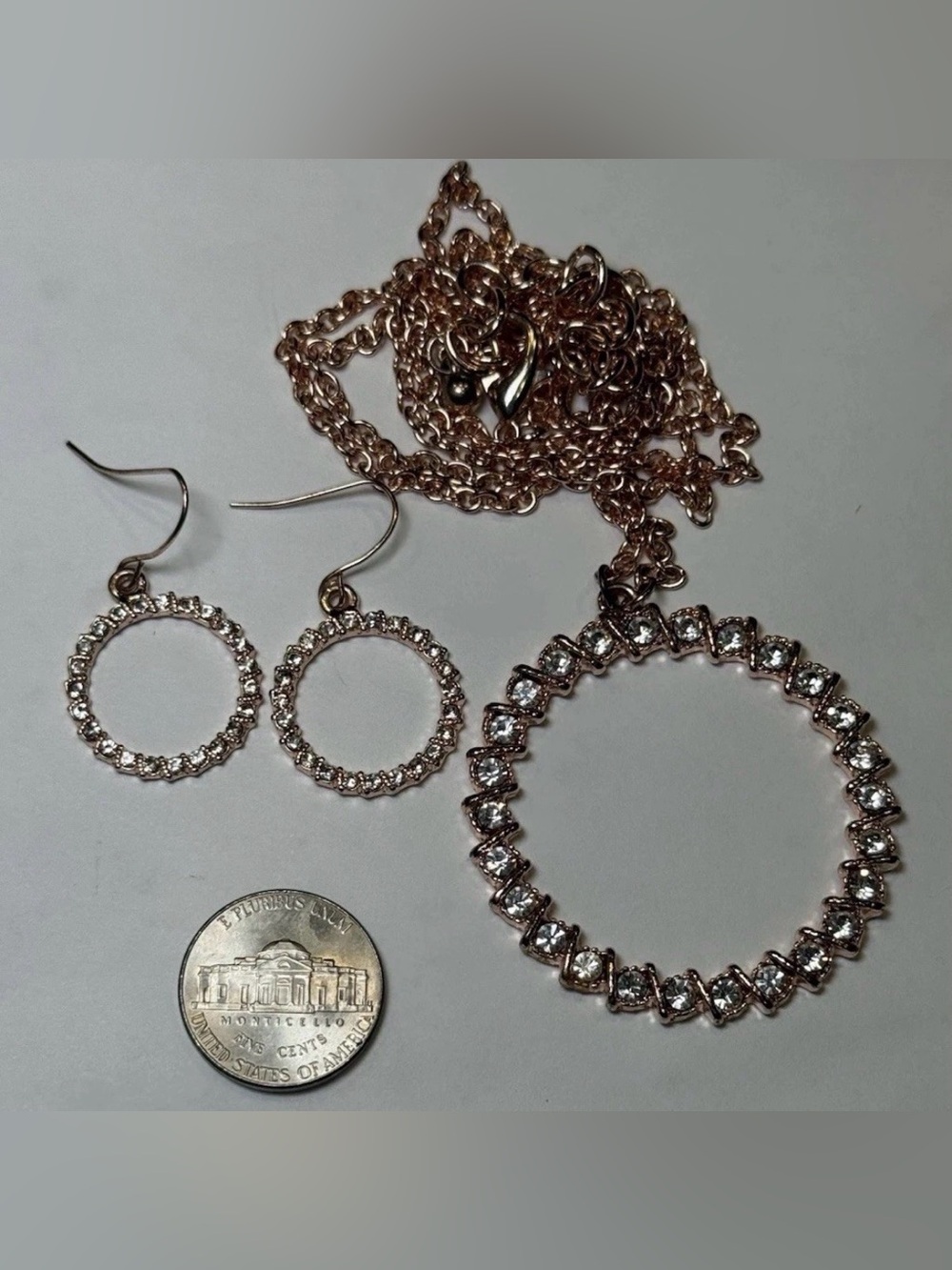 Rose Gold Color Rhinestone 34" Adjustable Necklace And Matching Earrings - Picture 6 of 6
